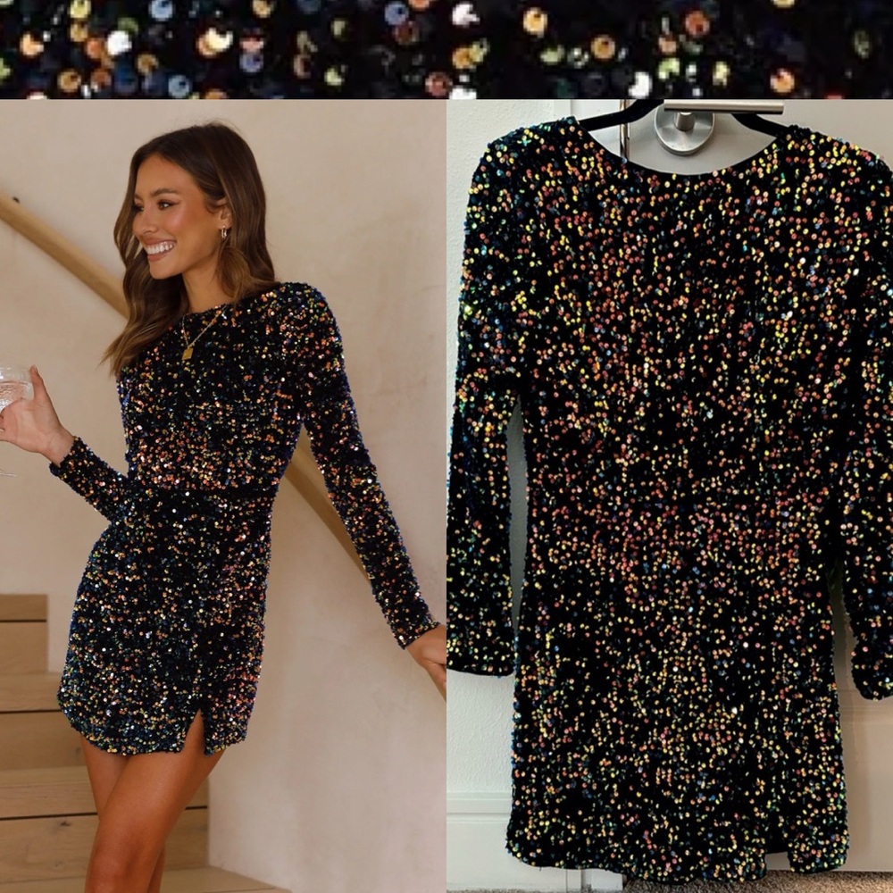 NWT (M) Bella Barnett Sequin Mini Dress Low Back Long Sleeve Cocktail Multicolor